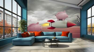 Piggy bank fly on a rocket and wins against competitors. Concept of fast increase of money. Wall mural