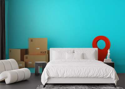 Pile of cardboard boxes on the floor on a cyan background with a red geo tag Wall mural