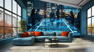 Professional team gathers around a hightech table in a sleek, modern boardroom with a city skyline view at night Wall mural