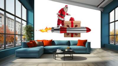 santa claus flies fast by a power rocket to deliver christmas gifts Wall mural