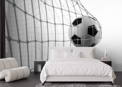 Soccer ball scores a goal on the net in a football match Wall mural