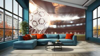 Soccer ball scores a goal on the net. 3D Rendering Wall mural