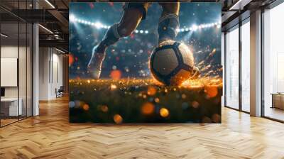 Soccer player in a fiery field at the football stadium. Generative AI Wall mural