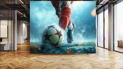 Soccer player ready to kick the soccerball in a field during a match. Generative AI Wall mural