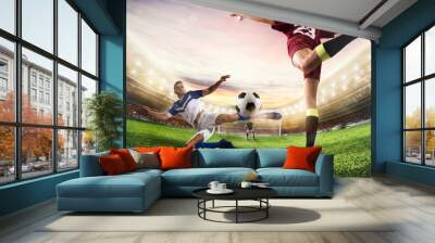 Soccer striker hits the ball with an acrobatic kick. 3D Rendering Wall mural