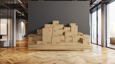 Stack of closed cardboard boxes wrapped with adhesive on the floor. Concept of moving and shipping Wall mural