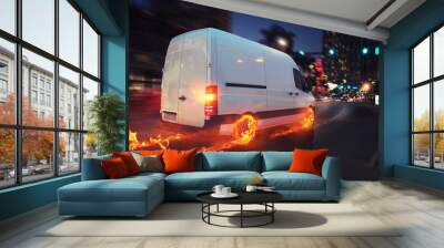 Super fast delivery of package service with van with wheels on fire. 3D Rendering Wall mural