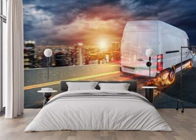 Super fast delivery of package service with van with wheels on fire. Wall mural