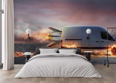 Super fast delivery of package service with van with wheels on fire Wall mural