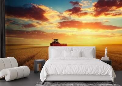 Tractor harvesting wheat field at sunset with dramatic sky Wall mural