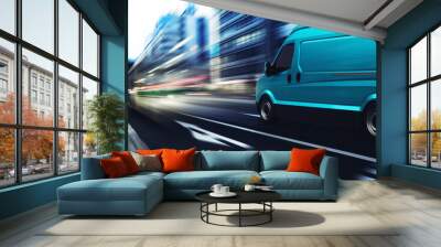 Transportation service with a cyan van moving fast on the road Wall mural