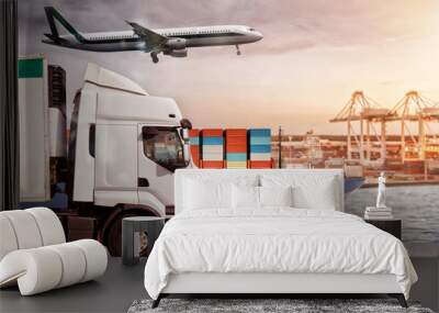 Truck, aircraft and cargo ship in a deposit with packages ready to start to deliver. Concept of transportation industry Wall mural