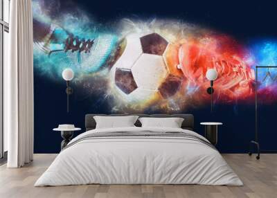 Two soccer players challenge each other at the stadium with electric energy effects Wall mural