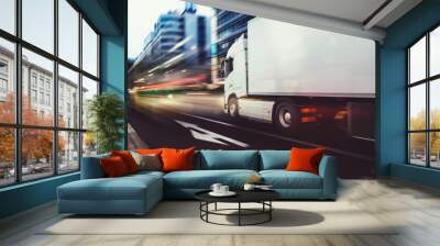 White truck moving fast on the road in a modern city with light effect Wall mural