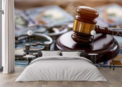 Wooden gavel with handcuffs and banknotes depicting legal action on financial offenses Wall mural