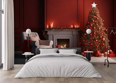 fireplace with christmas tree and christmas decorations Wall mural