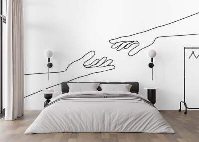 Female and male hands reaching for each other. A woman giving a hand to a man. Vector illustration in minimalist line art style Wall mural