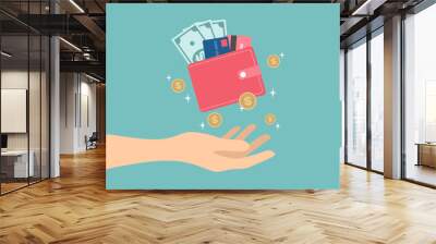 Hand holding red wallet with cash, credit cards and coins. Flat vector illustration Wall mural