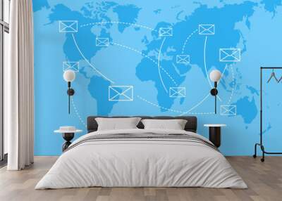 Letter icons on a blue world map. Global communication concept. Flat vector illustration Wall mural