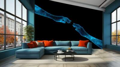 Two shining cosmic blue hands stretched out to each other on a black background Wall mural