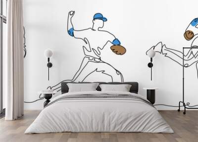 Baseball player pitcher throws the ball. One continuous line art drawing of baseball pitcher Wall mural