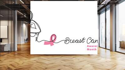 Breast cancer line art background with woman and pink ribbon. Simple vector web banner. One continuous line drawing with text breast cancer. Wall mural