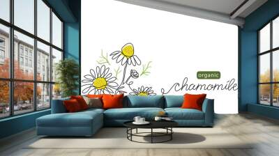 Chamomile, meadow daisy, camomile flowers vector illustration. Background for label design. One continuous line art drawing illustration with lettering organic chamomile Wall mural