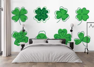 Cloverleaf vector icons set. The sign of fortune and luck for irish st patricks day celebration. One continuous line art drawing of cloverleaf symbol Wall mural