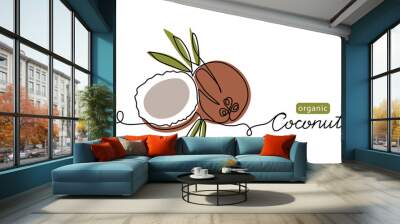 Coconut simple vector line illustration. Single line art drawing with lettering organic coconut. Wall mural