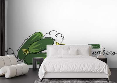 Cucumbers vector illustration. One line drawing art illustration with lettering organic cucumbers. Wall mural