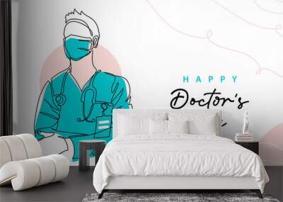 Doctors day simple vector illustration of physician, therapist man in mask and doctor coat. One continuous line art drawing background, banner, poster for Doctors day celebration Wall mural