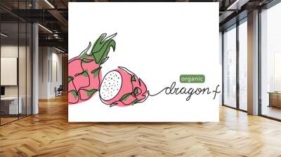 Dragon fruit, pitaya simple color vector illustration. One continuous line art drawing with lettering organic Dragon fruit, pitahaya Wall mural