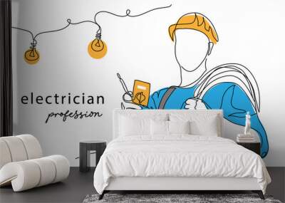 Electrician man with tester tool and electric cable, wire. One continuous line art drawing vector illustration of electrician man Wall mural