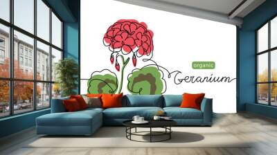 Geranium, pelargonium flower one line art drawing. Simple vector line illustration with lettering organic geranium Wall mural