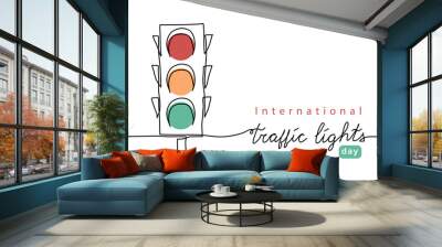 International traffic lights day vector background, banner, poster with lettering traffic lights. Semaphore one line art illustration Wall mural