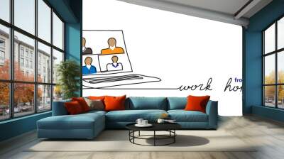 Laptop, notebook, computer with people, online conference, videocall. Work from home vector background. Simple vector illustration. One continuous line drawing Wall mural