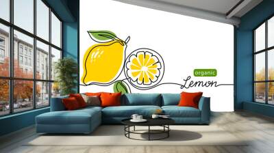 Lemon vector illustration. One continuous line drawing art illustration with lettering organic lemon. Wall mural