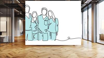 Medical staff, practitioners team vector illustration . One continuous line drawing of team of doctors. Minimalism design of medical people group Wall mural