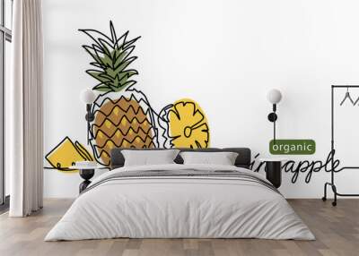 Pineapple simple vector illustration. One continuous line drawing art illustration with text organic pineapple. Wall mural