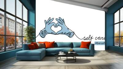 Self care concept during covid epidemic. Hands in protective gloves show love or heart sign. Vector illustration, one continuous line art drawing. Wall mural