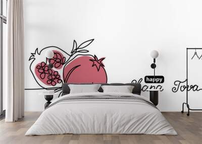 Shana tova simple vector background with pomegranate. One continuous line drawing with lettering happy Shana tova. Wall mural