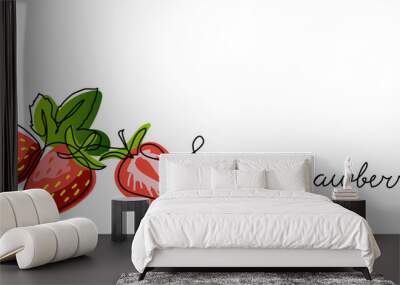 Strawberry vector color illustration, background, banner for label design. One continuous line drawing of strawberry with lettering. Editable black stroke. Wall mural