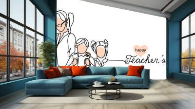 Teachers day background with children and woman illustration. Simple vector web banner. One continuous line drawing with lettering happy Teachers day. Wall mural