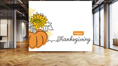 Thanksgiving Day one line art background with pumpkin vegetable composition. Simple vector greating background, banner, poster. Continuous line drawing with lettering happy Thanksgiving Day Wall mural