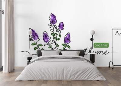 Thyme simple vector sketch drawing. One continuous line art drawing illustration for label design with lettering thyme Wall mural