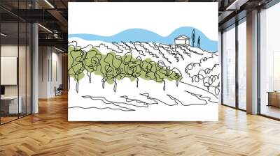 Vineyard field simple vector sketch illustration. One continuous line art drawing of landscape with growing grape. Vineyard farm minimalist color design for wine label Wall mural