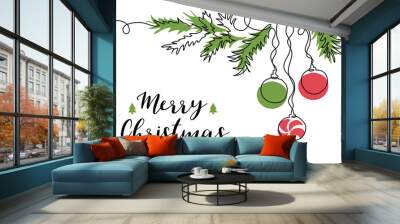 Xmas fir twig with christmas tree toys. One continuous line art drawing for corner design. Vector greeting background, banner, poster in red and green Xmas colors Wall mural