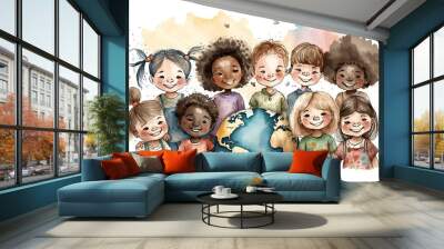 Globe surrounded by multiethnic kids celebrating world children's day Wall mural