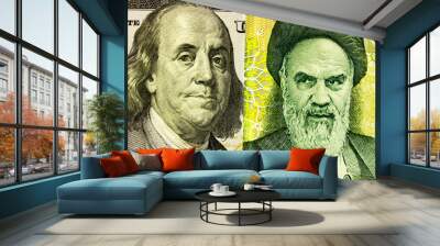 Portrait of Franklin on  banknote 100 US dollars and  Ayatollah Khomeini on Iranian rials. Concept of the exchange rate, stock exchange, internet trading. Wall mural