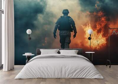 The soldier is wearing military equipment. The action takes place on the battlefield amid smoke. Military operation, military action concept. Wall mural